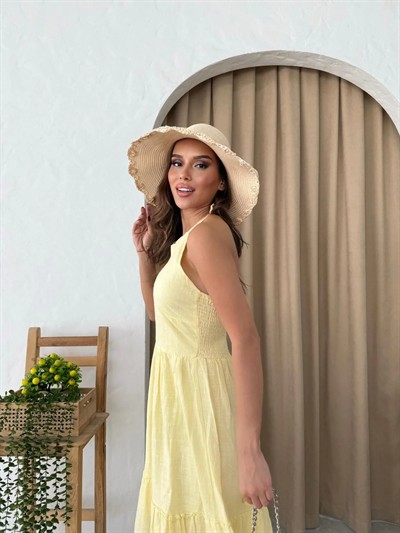 BOYUNDAN BAĞLAMALI İÇ ASTARLI KETEN UZUN ELBİSE SARI