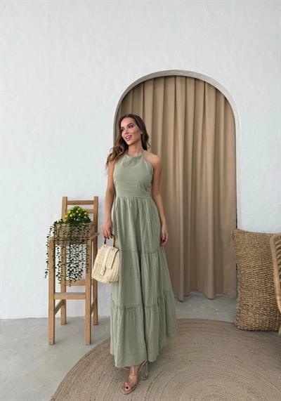 BOYUNDAN BAĞLAMALI İÇ ASTARLI KETEN UZUN ELBİSE HAKİ