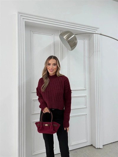 BURGULU YUMOŞ DOKULU CROP KAZAK BORDO