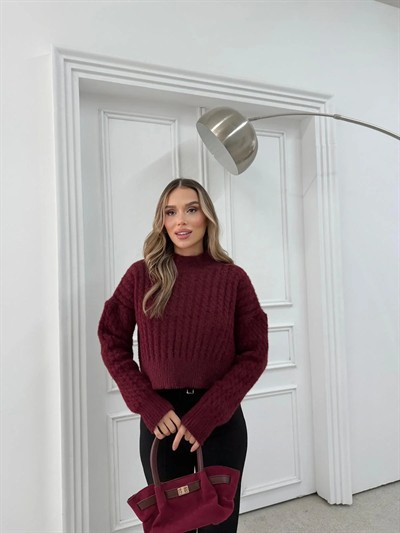 BURGULU YUMOŞ DOKULU CROP KAZAK BORDO