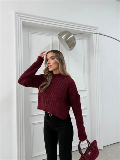 BURGULU YUMOŞ DOKULU CROP KAZAK BORDO