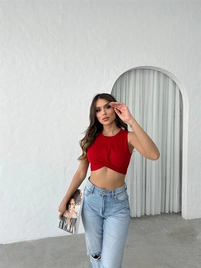 BÜZGÜLÜ SIFIR KOL BLUZ KIRMIZI