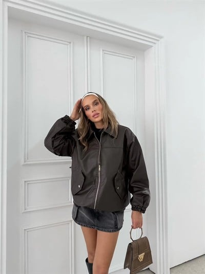 CEP KAPALI BEL LASTİKLİ OVERSİZE DERİ CEKET KAHVE 3133