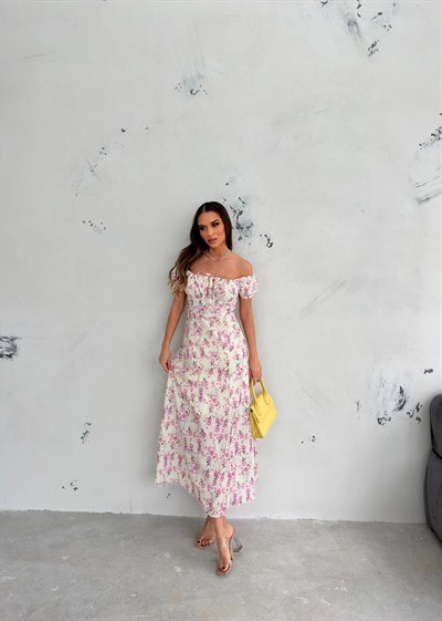 ÇİÇEK DESEN ASTARLI YIRTMAÇLI ELBİSE BEYAZ