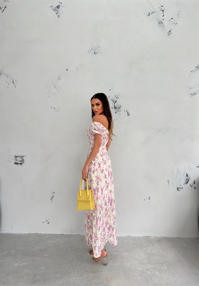 ÇİÇEK DESEN ASTARLI YIRTMAÇLI ELBİSE BEYAZ