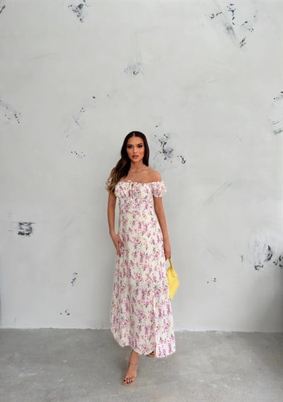 ÇİÇEK DESEN ASTARLI YIRTMAÇLI ELBİSE BEYAZ