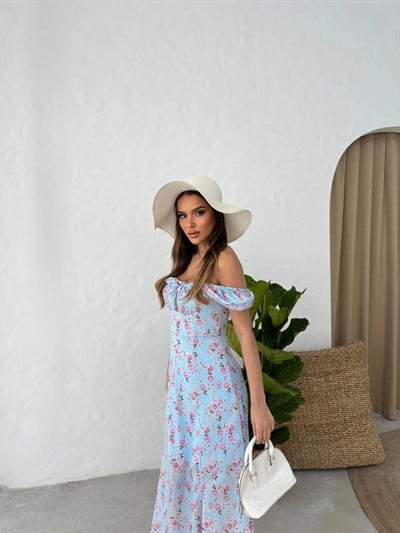 ÇİÇEK DESEN ASTARLI YIRTMAÇLI ELBİSE MAVİ