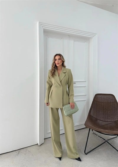 ÇİFT DÜĞME BLAZER CEKET VE PANTOLONLU DOUBLE KUMAŞ İKİLİ TAKIM YEŞİL KO-1101