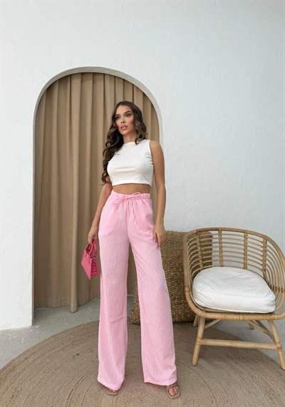 ÇİZGİLİ BEL BAĞCIKLI PALAZZO PANTOLON PEMBE