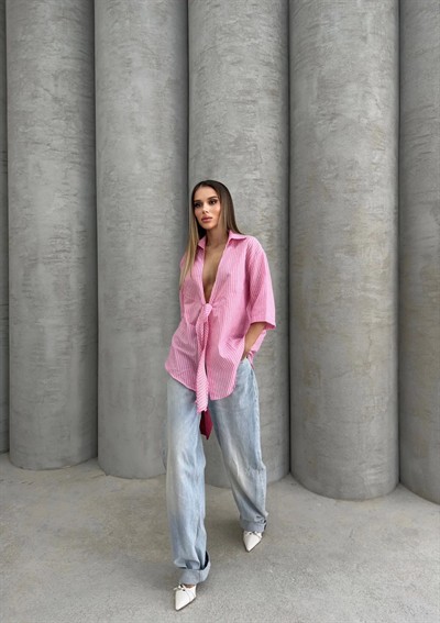 ÇİZGİLİ ÖN BAĞLAMALI OVERSİZE KETEN GÖMLEK PEMBE