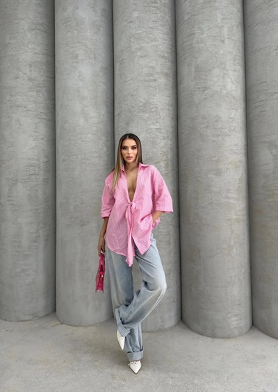 ÇİZGİLİ ÖN BAĞLAMALI OVERSİZE KETEN GÖMLEK PEMBE