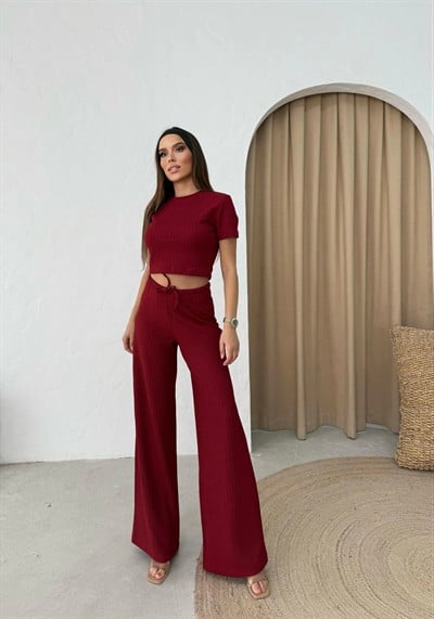 CROP VE PANTOLONLU BEL BAĞCIKLI TRİKO İKİLİ TAKIM BORDO