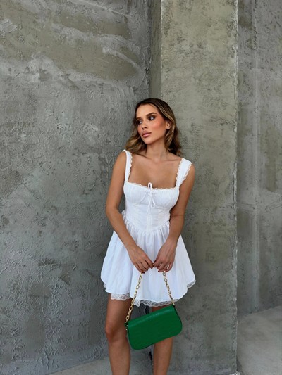 DANTEL DETAY SIRT BAĞLAMALI MİNİ ELBİSE BEYAZ