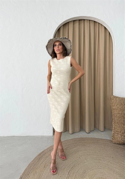 DANTEL HAM KETEN DESENLİ İÇ ASTARLI ELBİSE