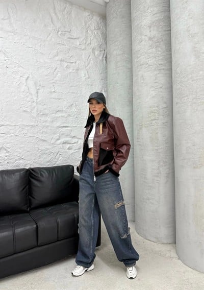 DERİ İÇ VE CEP KÜRK DETAY MONT BORDO