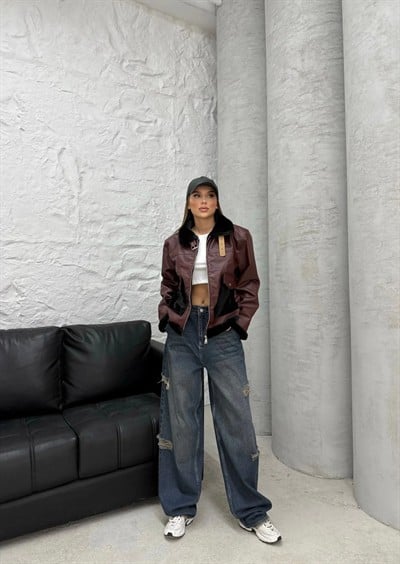 DERİ İÇ VE CEP KÜRK DETAY MONT BORDO