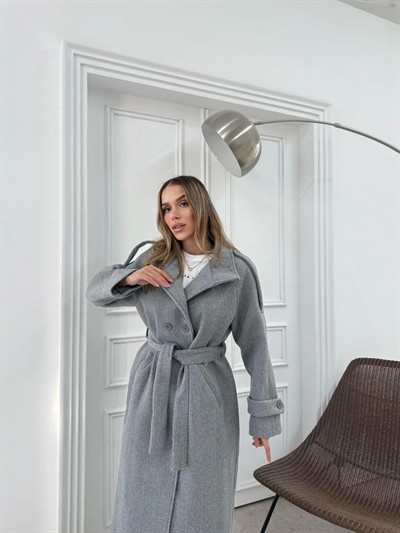 DİK YAKA DÜĞME DETAY İÇ ASTARLI KUŞAKLI KAŞE KABAN GRİ