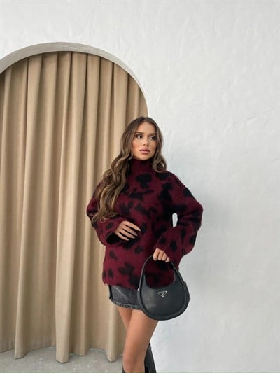 DİK YAKA İSPANYOL KOL LEOPAR DESEN TRİKO BORDO
