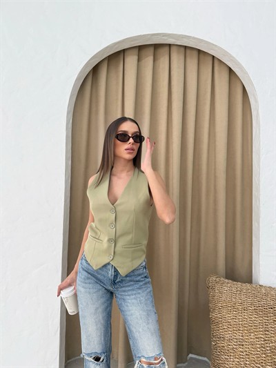 DOUBLE KUMAŞ İÇ ASTARLI YELEK YEŞİL