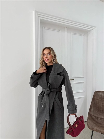 DÜĞME DETAY BEL KUŞAKLI İÇ ASTARLI UZUN KAŞE KABAN ANTRASİT DRL