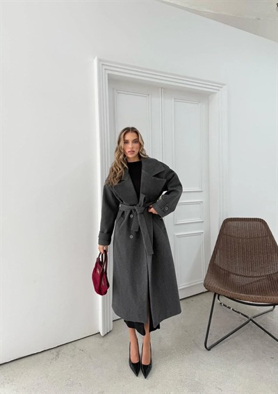 DÜĞME DETAY BEL KUŞAKLI İÇ ASTARLI UZUN KAŞE KABAN ANTRASİT DRL