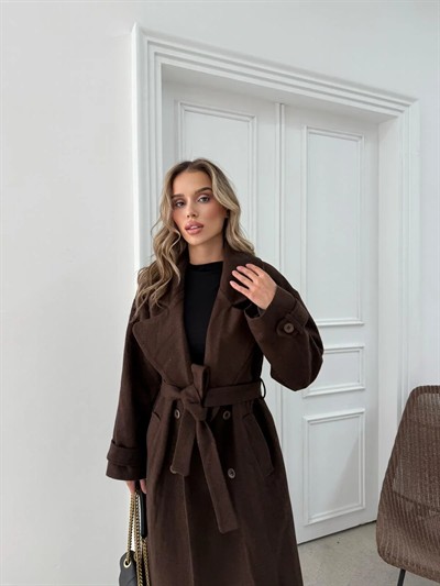 DÜĞME DETAY BEL KUŞAKLI İÇ ASTARLI UZUN KAŞE KABAN KAHVE DRL