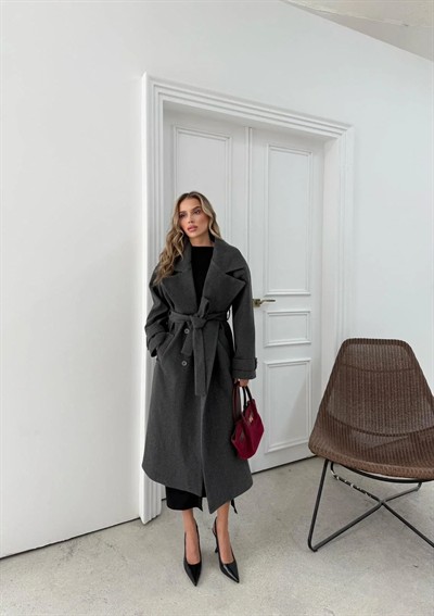 DÜĞME DETAY BEL KUŞAKLI İÇ ASTARLI UZUN KAŞE KABAN ANTRASİT DRL