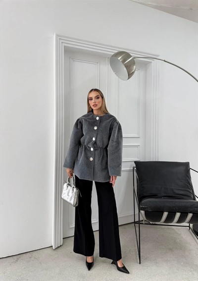 DÜĞME DETAY BEL LASTİKLİ TAY TÜYÜ KAŞE KABAN GRİ