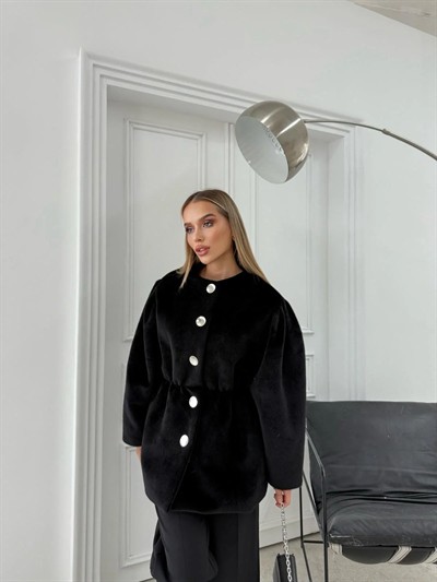 DÜĞME DETAY BEL LASTİKLİ TAY TÜYÜ KAŞE KABAN SİYAH