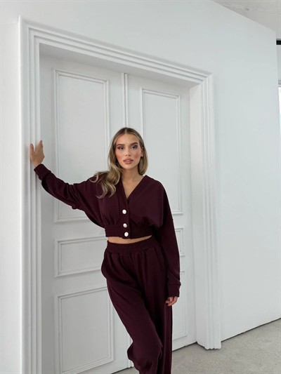 DÜĞME DETAY HIRKA VE PANTOLONLU SELANİK KUMAŞ TAKIM MÜRDÜM