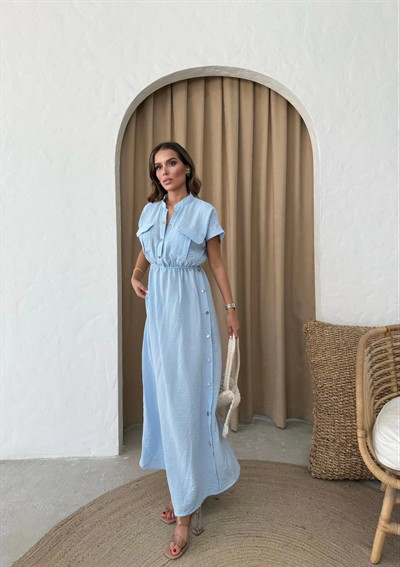 DÜĞME DETAY UZUN KETEN ELBİSE MAVİ