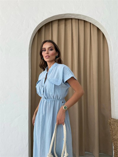 DÜĞME DETAY UZUN KETEN ELBİSE MAVİ