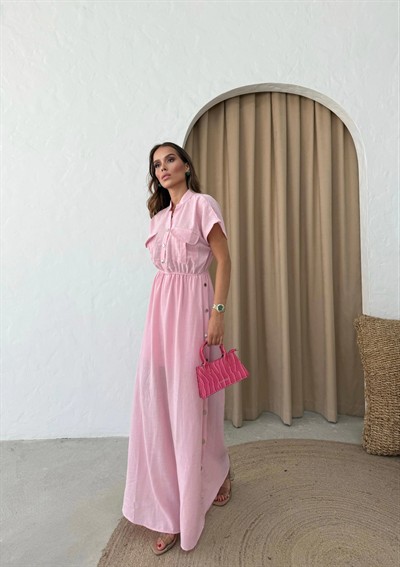 DÜĞME DETAY UZUN KETEN ELBİSE PEMBE