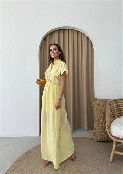 DÜĞME DETAY UZUN KETEN ELBİSE SARI