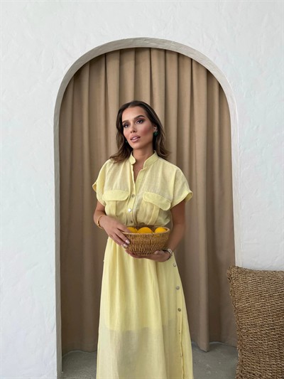 DÜĞME DETAY UZUN KETEN ELBİSE SARI