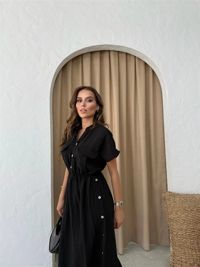 DÜĞME DETAY UZUN KETEN ELBİSE SİYAH