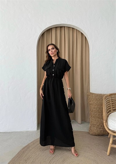 DÜĞME DETAY UZUN KETEN ELBİSE SİYAH