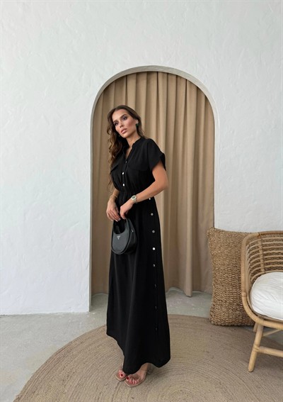 DÜĞME DETAY UZUN KETEN ELBİSE SİYAH
