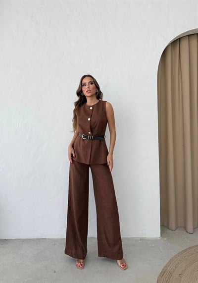 DÜĞME VE KEMER DETAY YELEK VE PANTOLONLU KETEN İKİLİ TAKIM KAHVE
