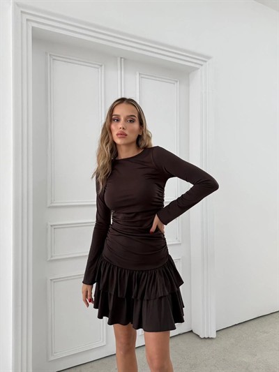 ETEK PİLELİ DRAPELİ ELBİSE KAHVE