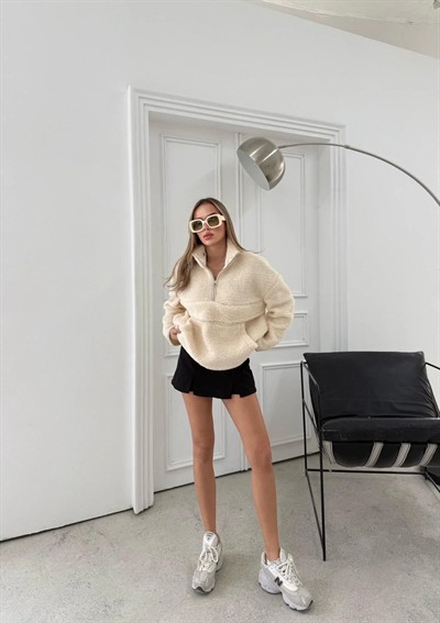 FERMUARLI KANGURU CEP DETAY TEDDY SWEAT KREM