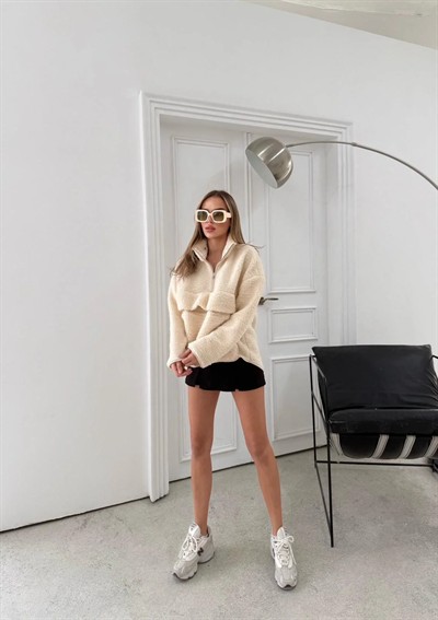 FERMUARLI KANGURU CEP DETAY TEDDY SWEAT KREM