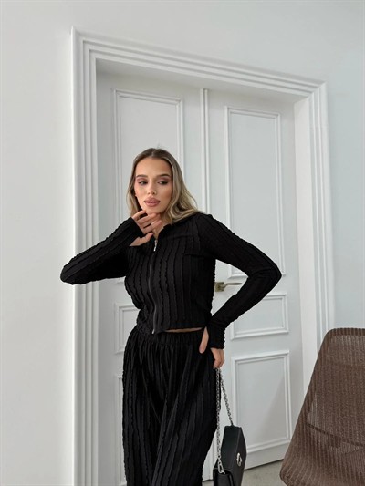 FERMUARLI PARMAK GEÇMELİ KAPÜŞONLU HIRKA VE PANTOLONLU TERS DİKİŞ GOFRE İKİLİ TAKIM SİYAH