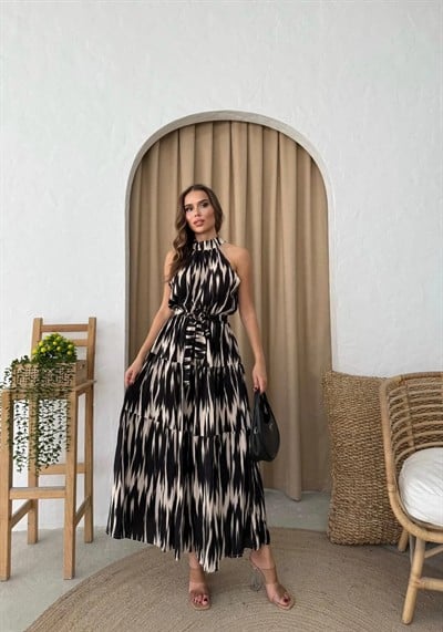 HALTER YAKA BEL KUŞAKLIDESENLİ VİSKON ELBİSE SİYAH