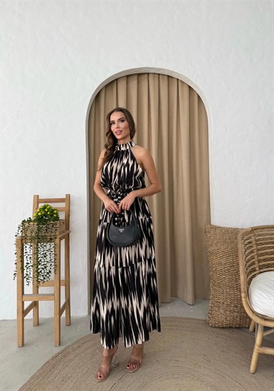 HALTER YAKA BEL KUŞAKLIDESENLİ VİSKON ELBİSE SİYAH