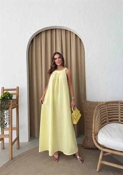 HALTER YAKA UZUN KETEN ELBİSE SARI