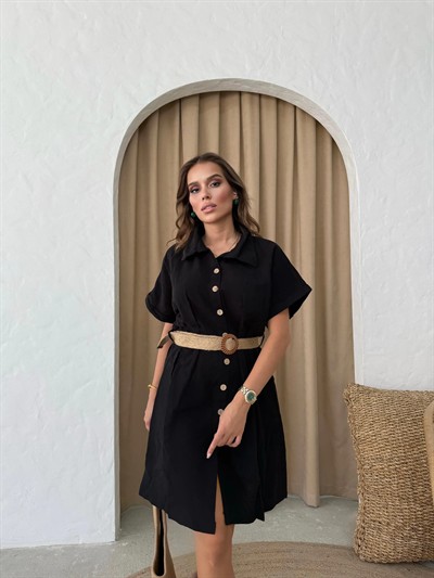 HASIR KEMER DETAY KETEN ELBİSE SİYAH