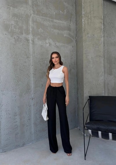 İNCE KEMER BEL LASTİKLİ PALAZZO KETEN PANTOLON SİYAH