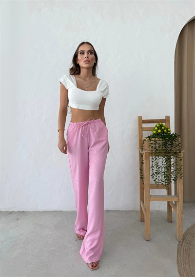 İNCE KEMER BEL LASTİKLİ PALAZZO KETEN PANTOLON PEMBE