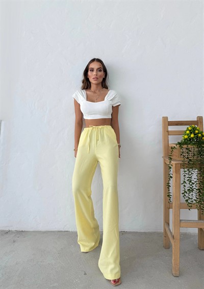 İNCE KEMER BEL LASTİKLİ PALAZZO KETEN PANTOLON SARI